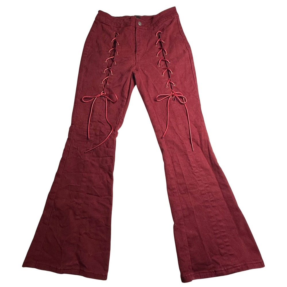 Cider Burgundy Lace Up Y2K Flare Pants Burgundy High Waisted Bell‎ Bottoms S
